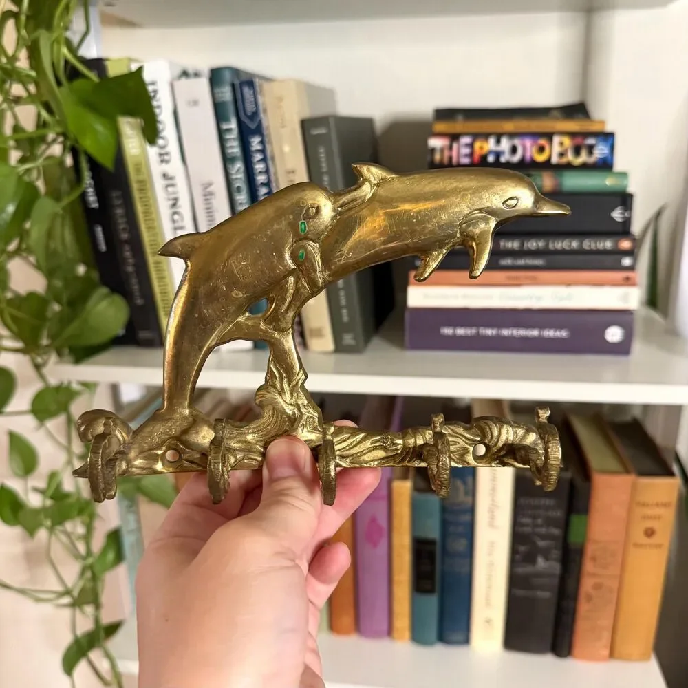 Vintage Solid Brass Dolphin Key Hook Rack / Coastal Nautical Wall Decor
